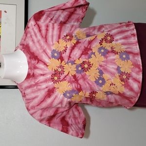 TAKE THAT Junior's Pink/Maroon Tie Dyed Crop Top w/Painted Daisies-EUC-Sz M